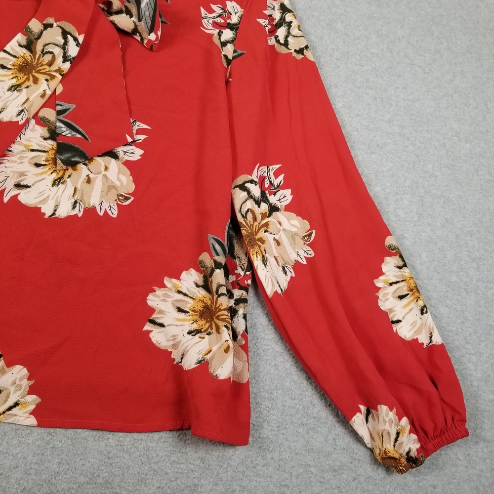 SHEIN Blouse Women M Medium Red Floral Tie Neck Long Sleeve Romantic Cottage Top - Picture 4 of 10